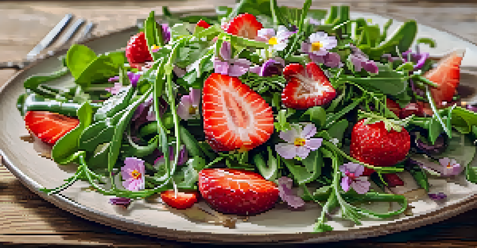 A close-up of a fresh spring salad with arugula, strawberries, and asparagus, beautifully garnished and served on a rustic wooden table.