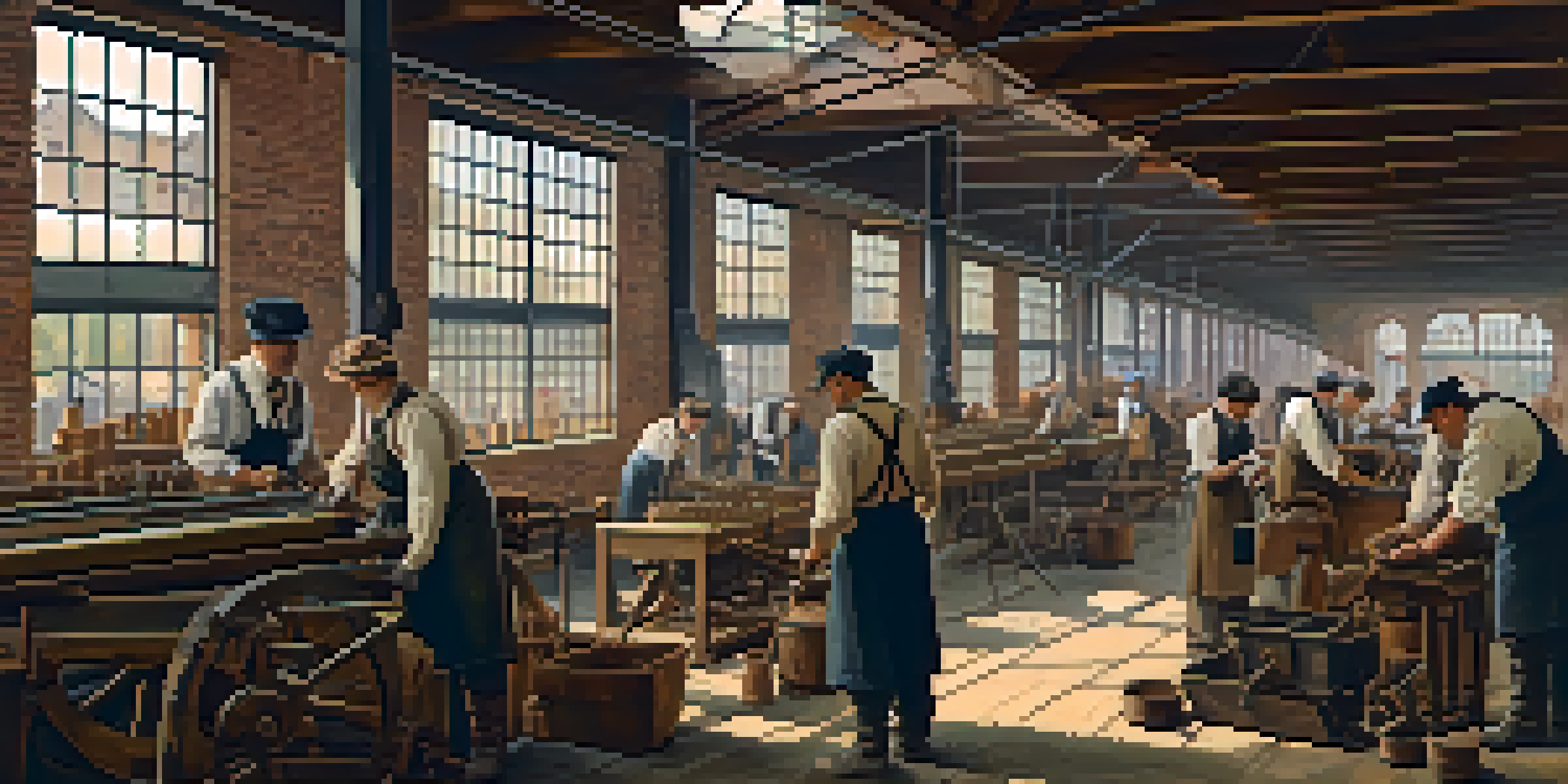 A historical scene of workers in a 19th-century factory in New Jersey, with machinery and natural light illuminating the interior.