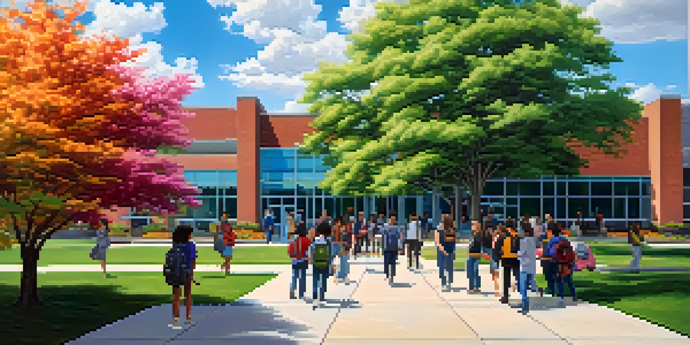 Students of diverse backgrounds chatting outside a modern community college surrounded by greenery and flowers.