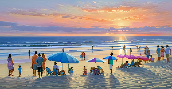 A sunset view of a sandy beach in New Jersey with beach umbrellas and families enjoying the evening.