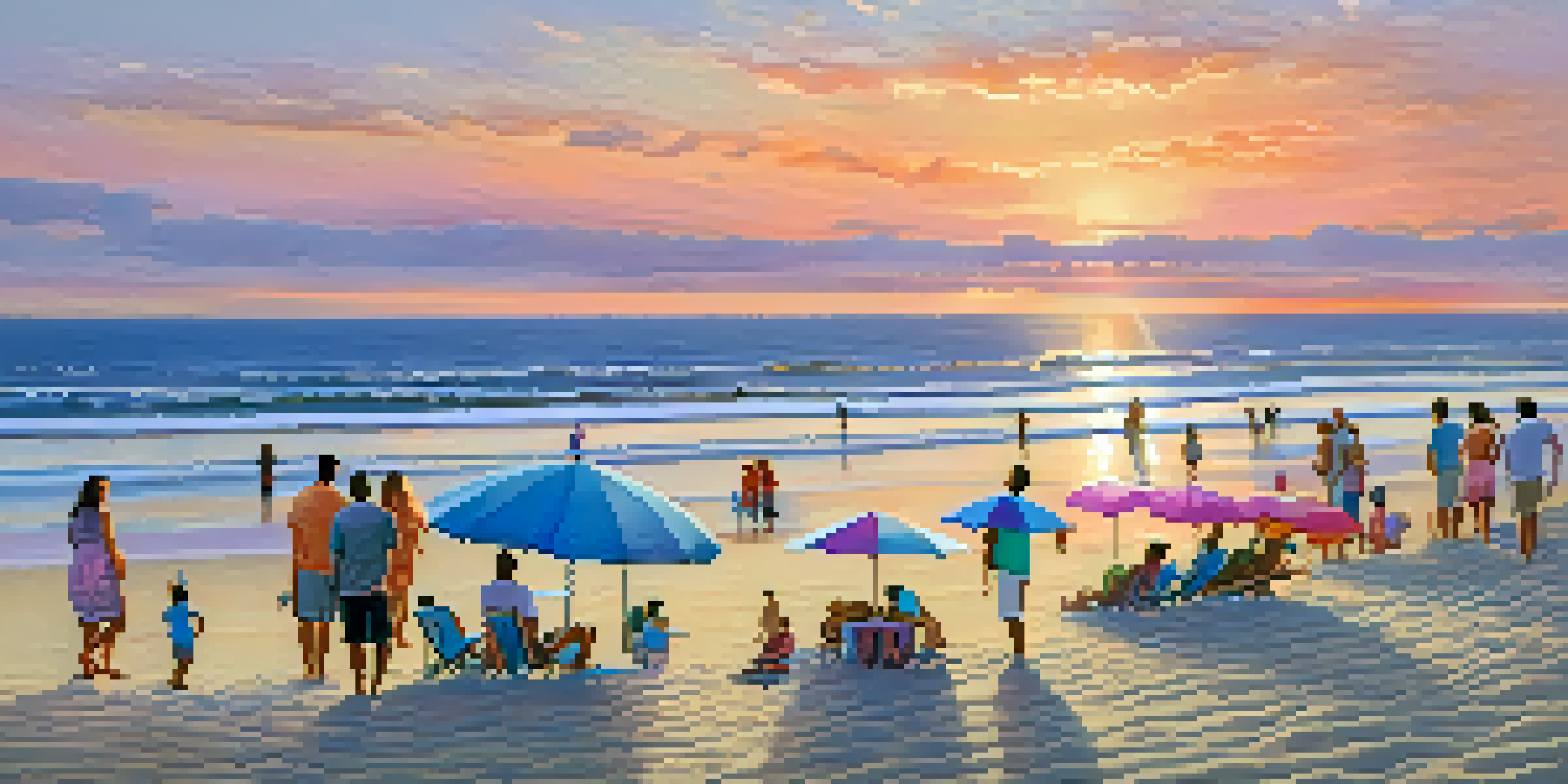 A sunset view of a sandy beach in New Jersey with beach umbrellas and families enjoying the evening.