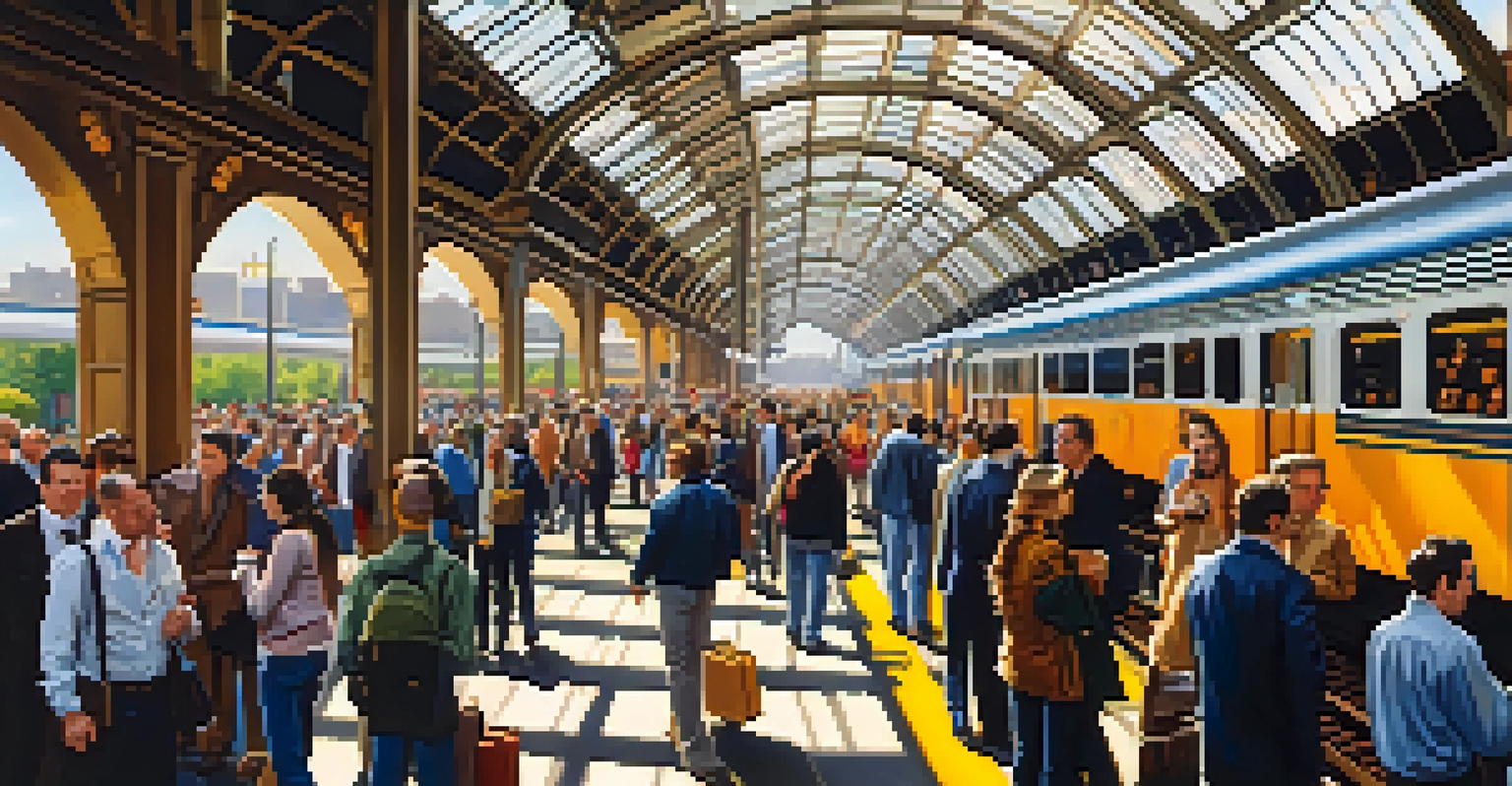 A vibrant New Jersey train station during rush hour, filled with diverse commuters boarding a train to New York City, illuminated by natural light.