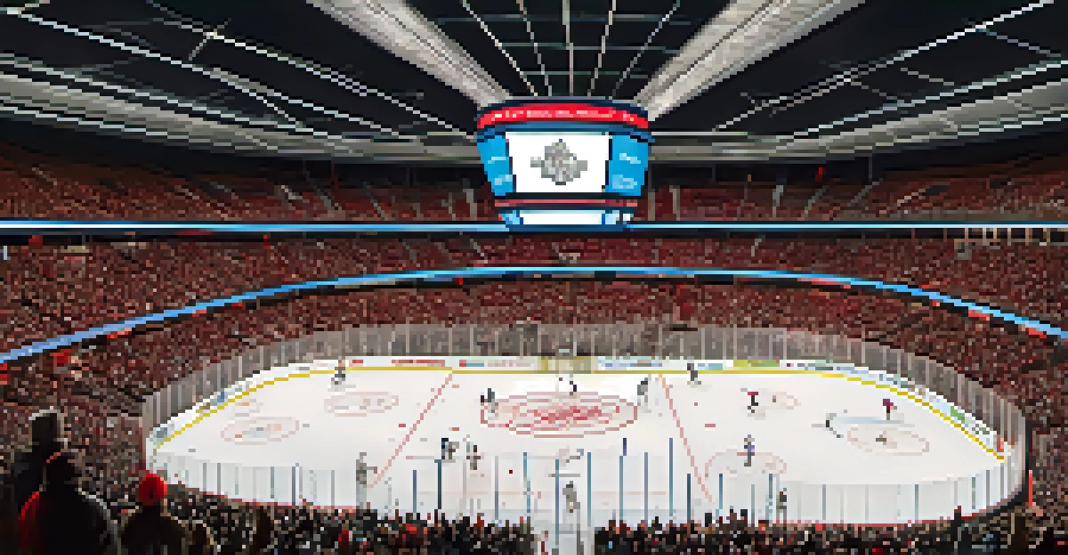 The Prudential Center filled with fans during a hockey game, with players on the ice and colorful team jerseys.