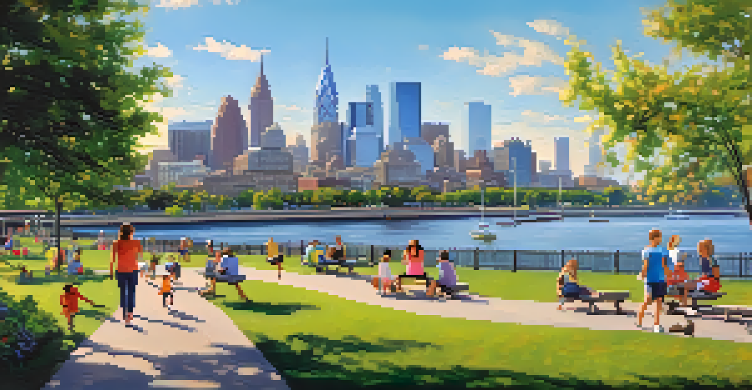 A scenic view of a waterfront park in New Jersey, with families enjoying a sunny day and the Philadelphia skyline in the background.