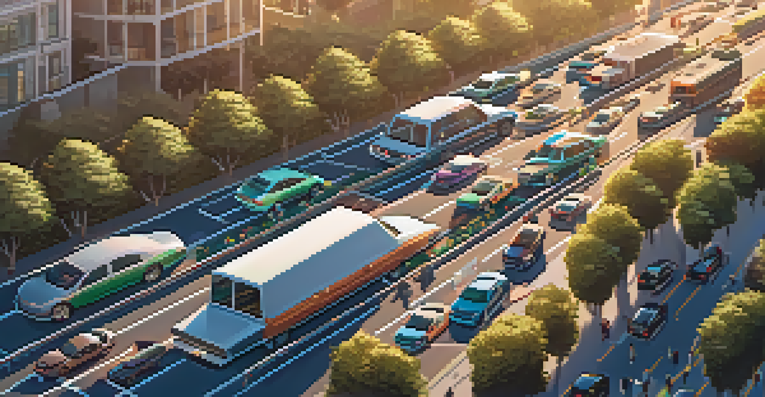 Aerial view of a carpooling lane in New Jersey, featuring multiple cars and ridesharing logos, surrounded by green landscape.
