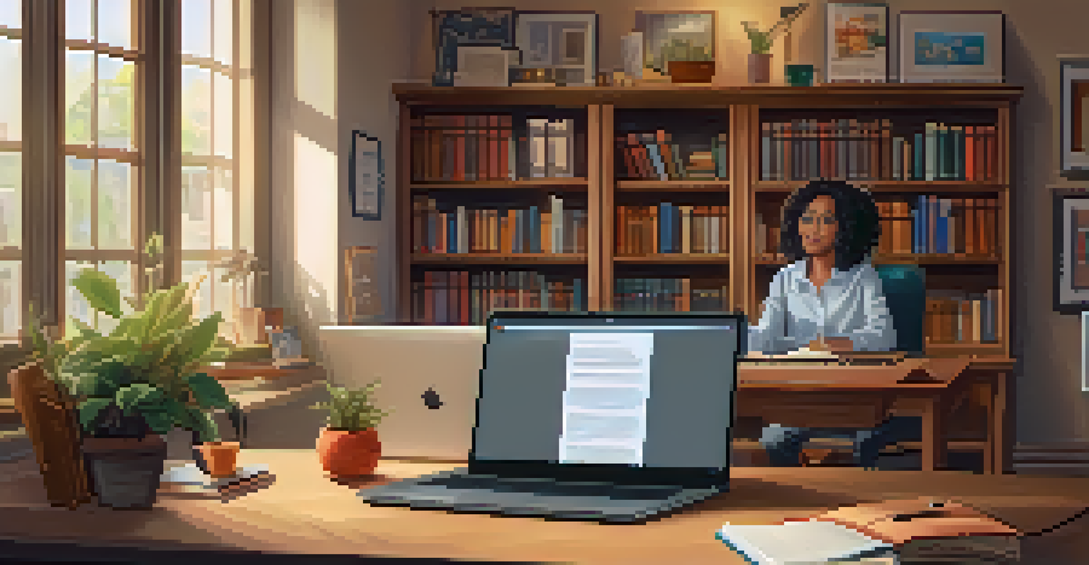 A student engaging in a virtual classroom on a laptop at home, with a cozy desk setup and a bookshelf in the background.
