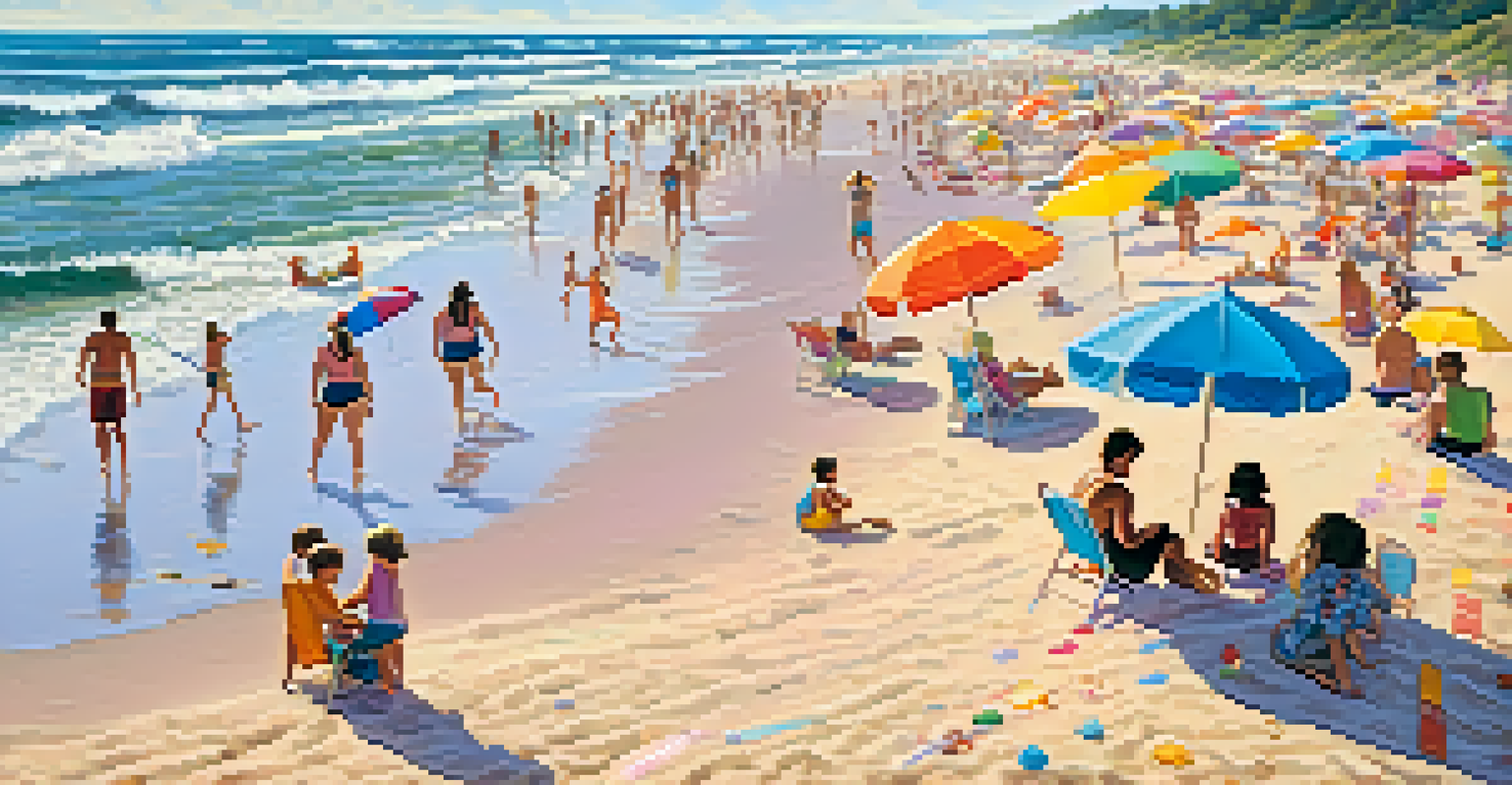 A vibrant beach scene at the Jersey Shore, with families enjoying the sand and waves as the sun sets in a colorful sky.