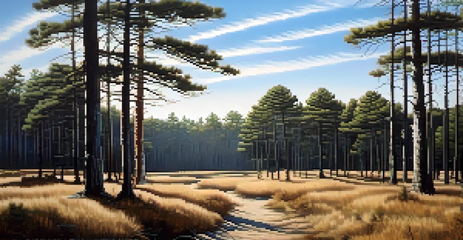 A serene landscape of the Pine Barrens with sandy plains and tall pine trees under a clear blue sky.