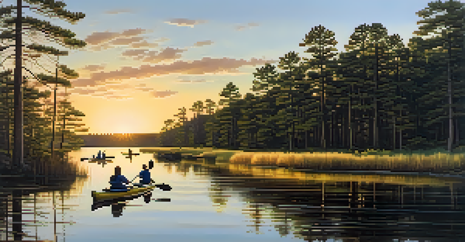 A group of kayakers paddling on a river in the Pine Barrens at sunset, surrounded by vibrant greenery and birds in the sky.