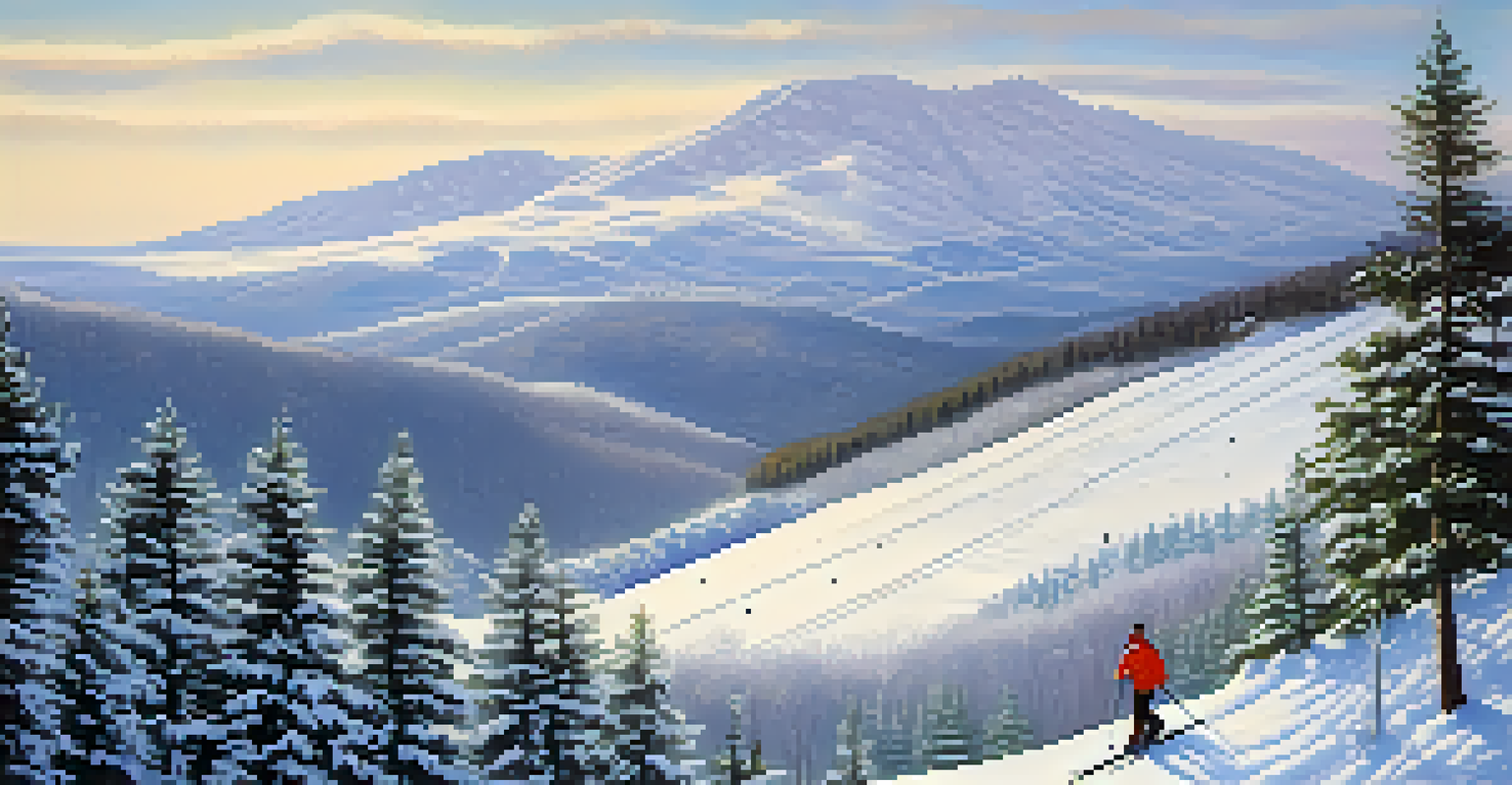 A picturesque winter landscape in New Jersey's northern highlands with snow-covered slopes and skiers.