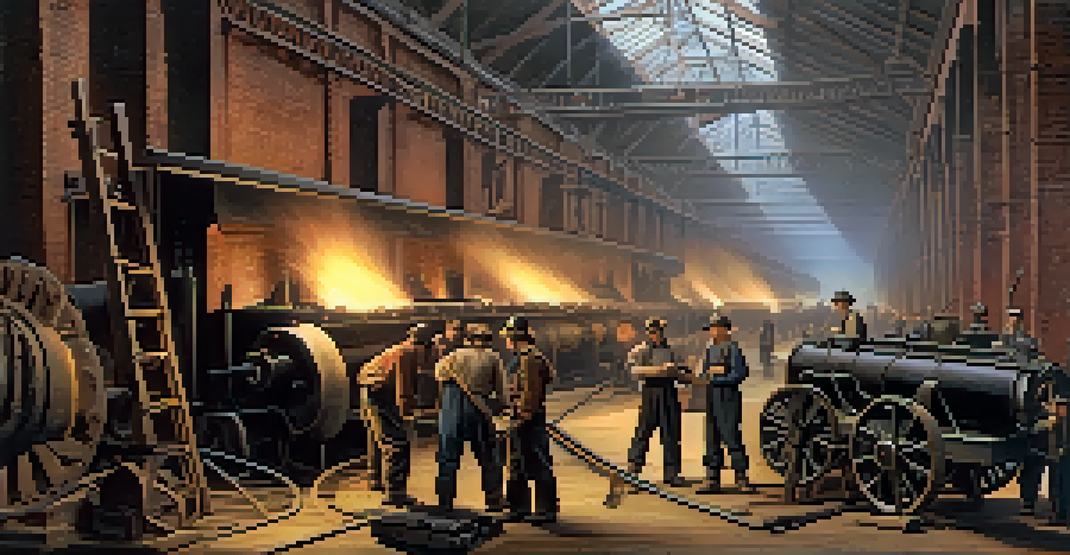 Workers in a New Jersey ironworks factory producing cannons during the Civil War, with steam and machinery in a dimly lit environment.