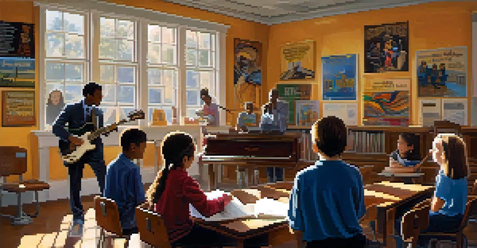 A classroom filled with students learning about jazz and blues, featuring musical instruments and posters of musicians, with sunlight streaming through the windows.