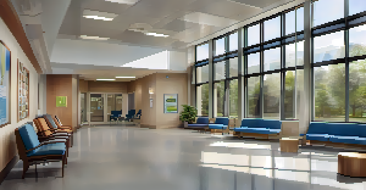 A modern healthcare facility's waiting room with healthcare professionals and patients.