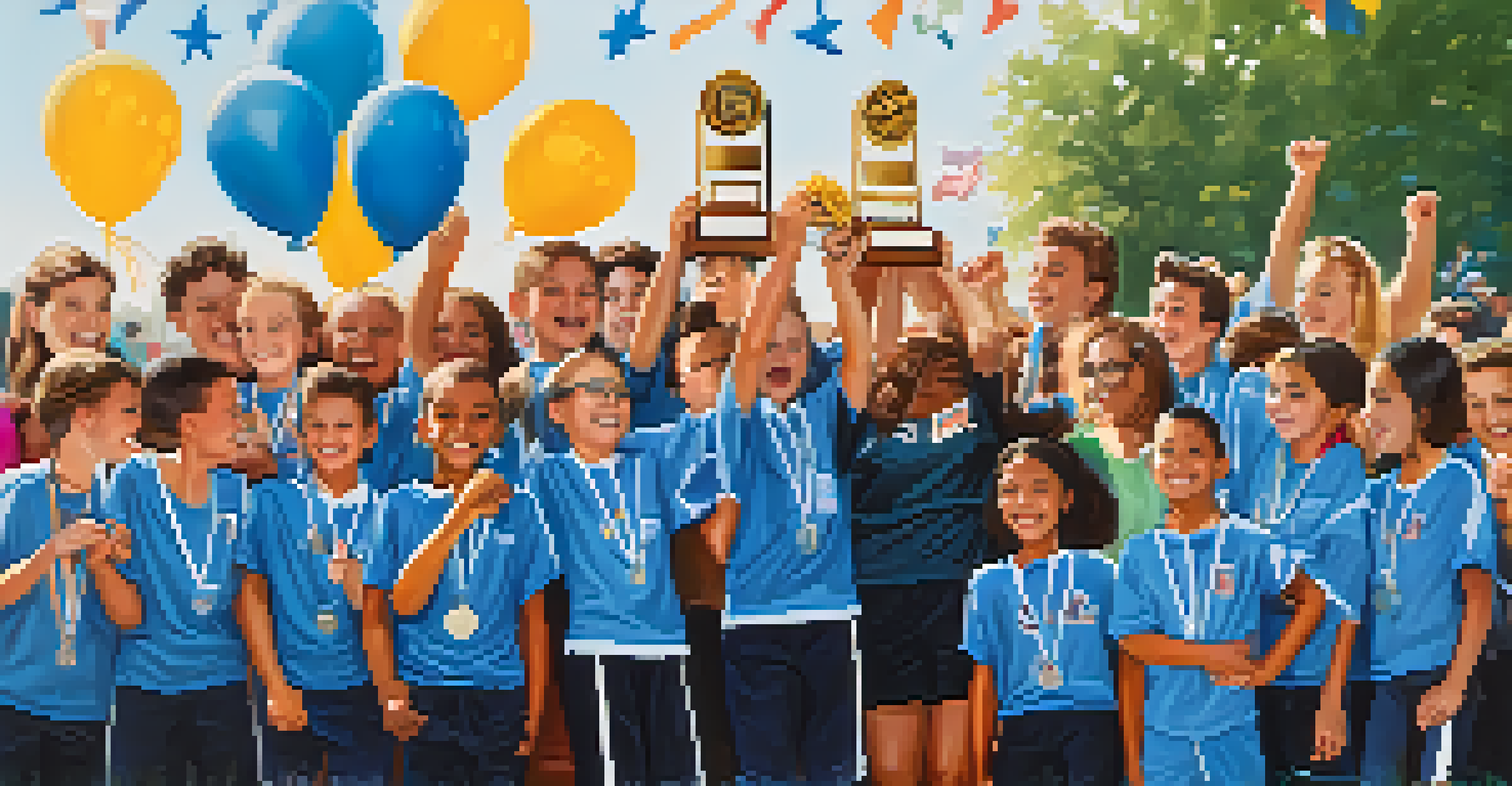 A youth sports team celebrating their victory with medals and trophies, with families cheering in the background.
