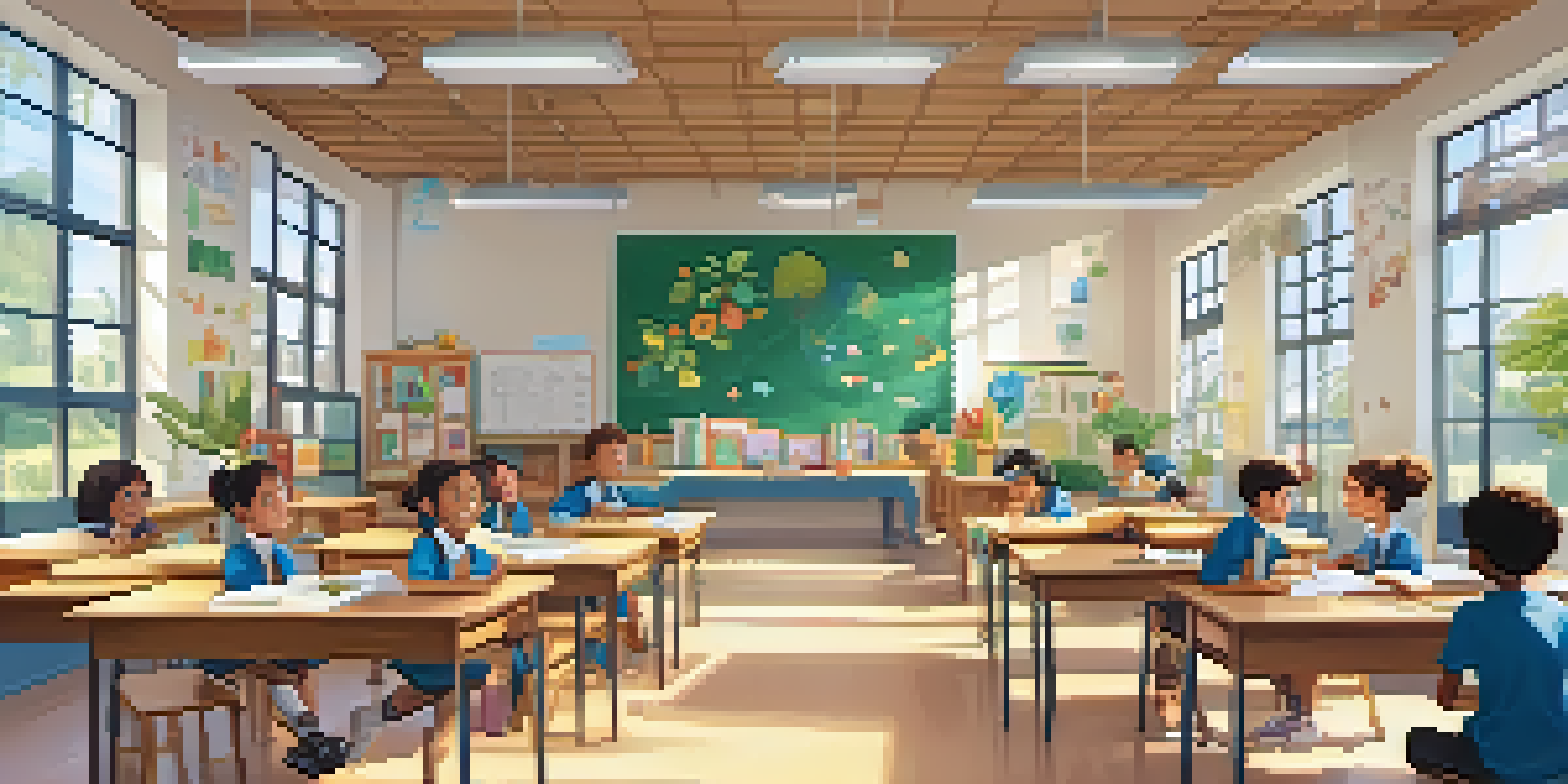 A bright classroom filled with diverse students conducting a science experiment under the guidance of a teacher, with educational materials and student artwork adorning the walls.