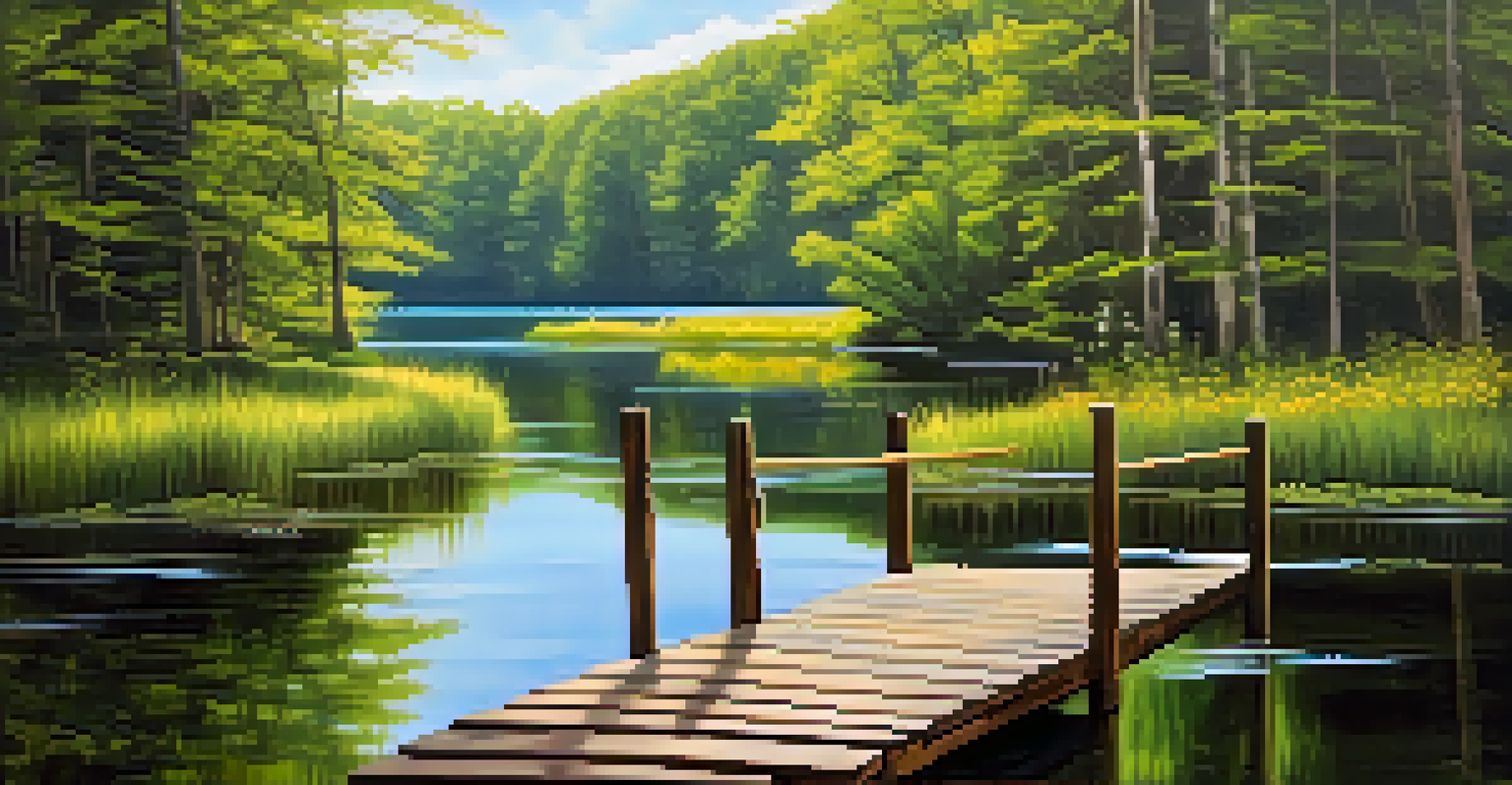 A peaceful lake surrounded by forests and wildflowers in Sussex County, New Jersey, with a wooden footbridge leading into the woods.