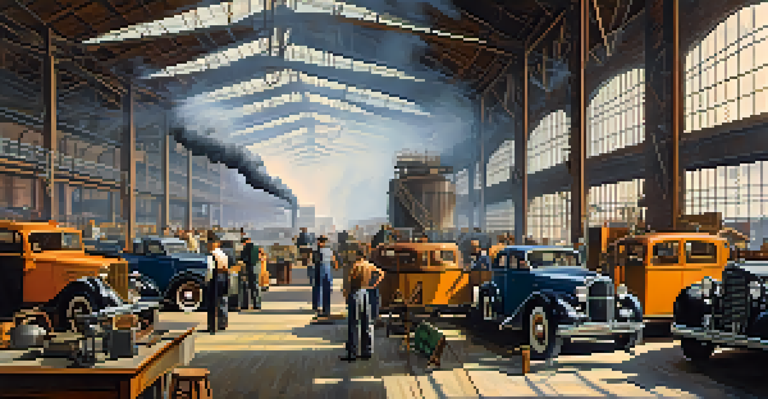 An industrial factory scene with workers operating machinery and vintage vehicles outside in mid-20th century New Jersey.