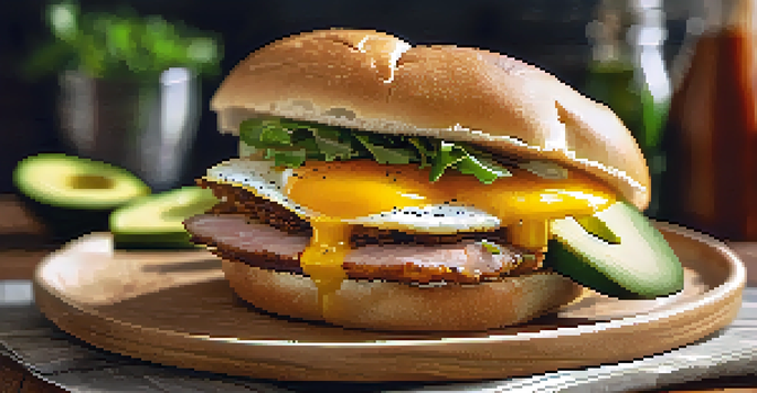 A delicious pork roll sandwich with a sunny-side-up egg and melted cheese on a toasted bagel, surrounded by fresh ingredients.