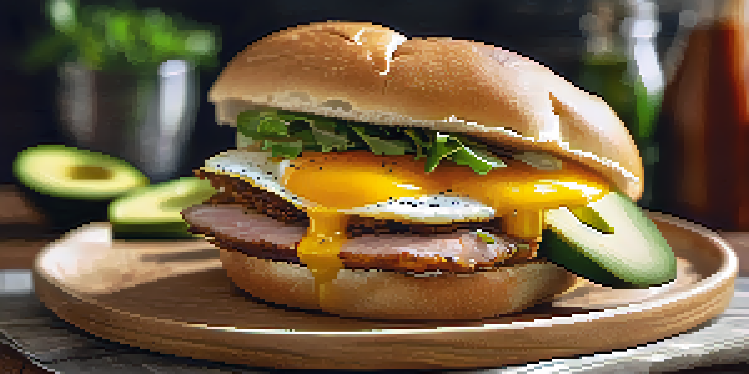 A delicious pork roll sandwich with a sunny-side-up egg and melted cheese on a toasted bagel, surrounded by fresh ingredients.