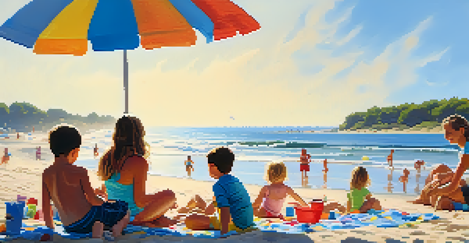 A family at Island Beach State Park, with children playing in the sand and parents relaxing under umbrellas by the ocean.