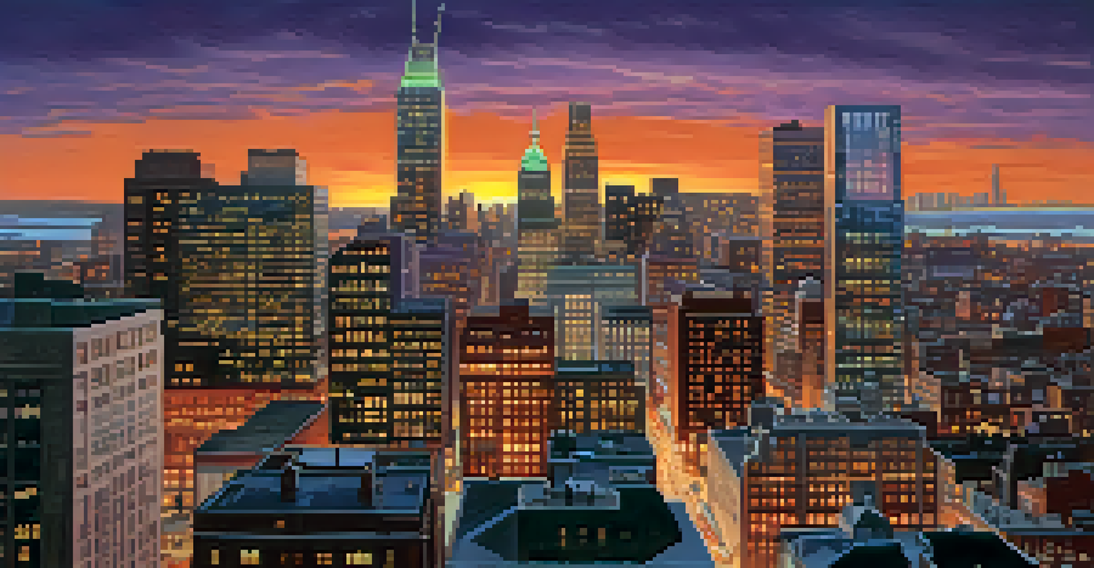 A vibrant sunset over Newark's financial district with skyscrapers and busy streets.