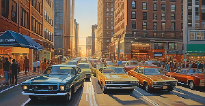 A busy urban street in New Jersey with cars in traffic, pedestrians, and tall buildings during sunset.