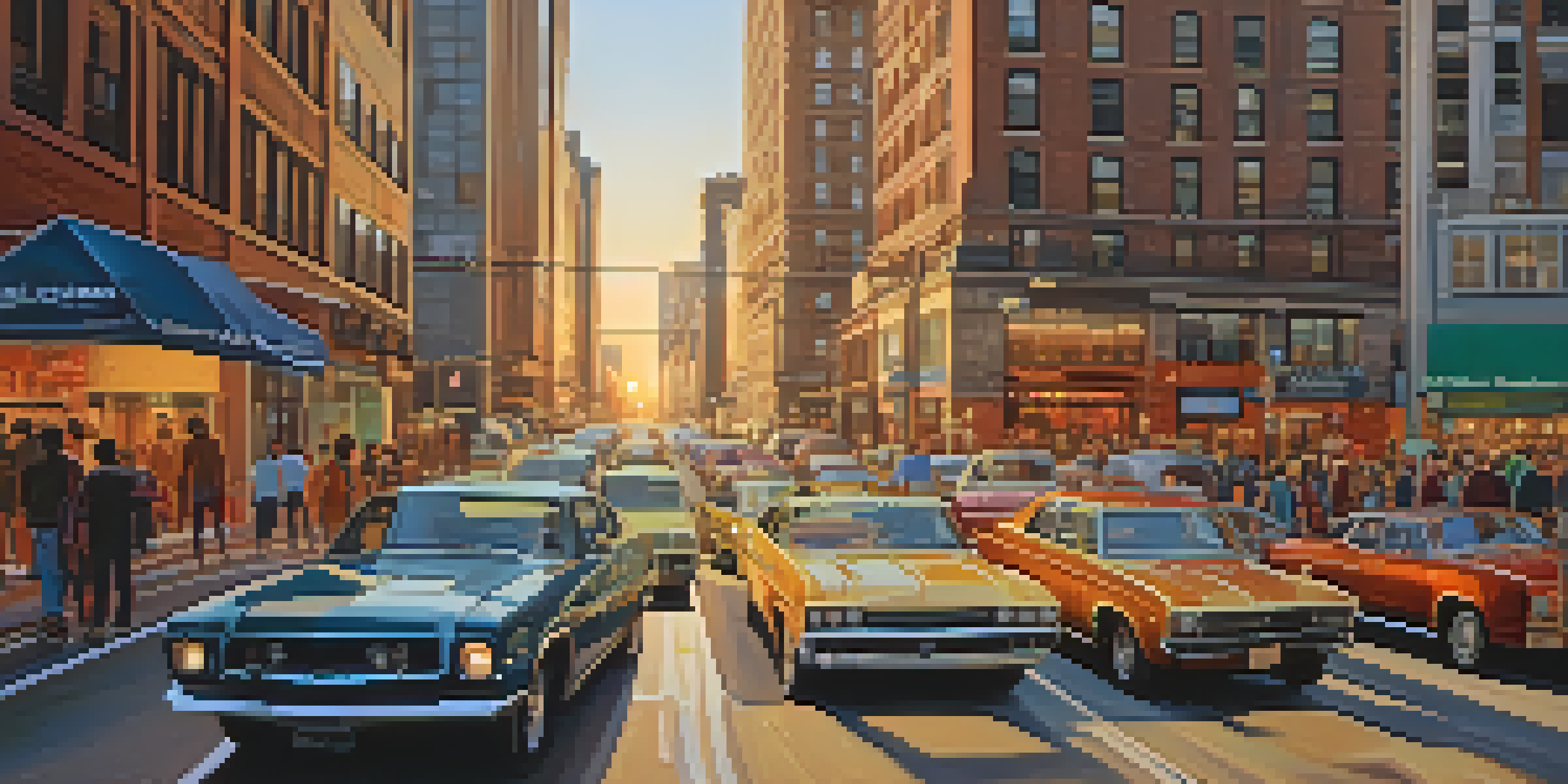 A busy urban street in New Jersey with cars in traffic, pedestrians, and tall buildings during sunset.