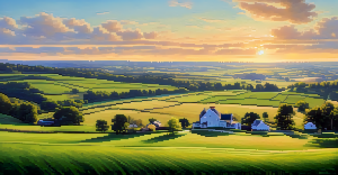A beautiful rural landscape in New Jersey with rolling hills, green fields, and traditional farmhouses under a blue sky.