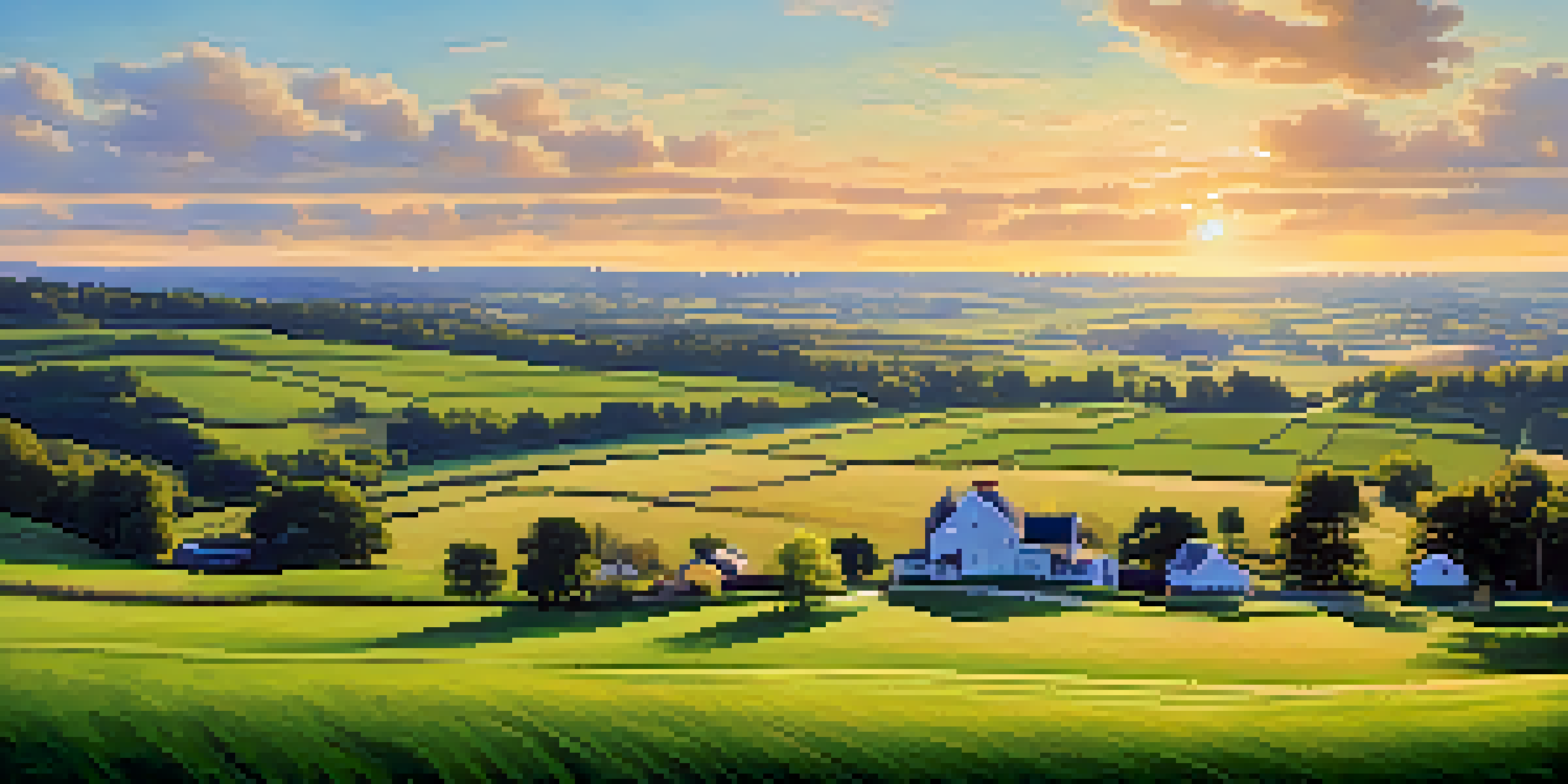 A beautiful rural landscape in New Jersey with rolling hills, green fields, and traditional farmhouses under a blue sky.