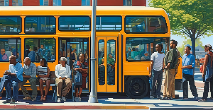 A bustling bus stop in an urban setting with diverse passengers, including those using mobility aids, under a clear blue sky.