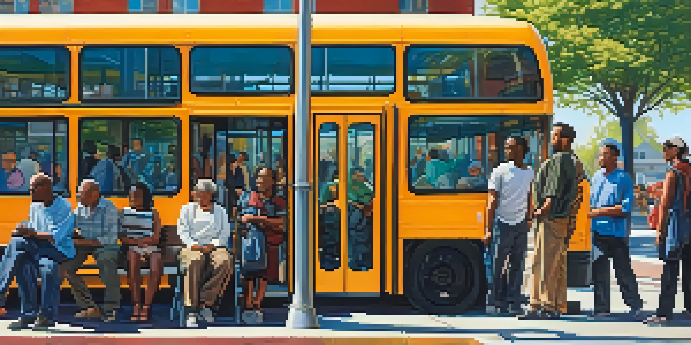 A bustling bus stop in an urban setting with diverse passengers, including those using mobility aids, under a clear blue sky.