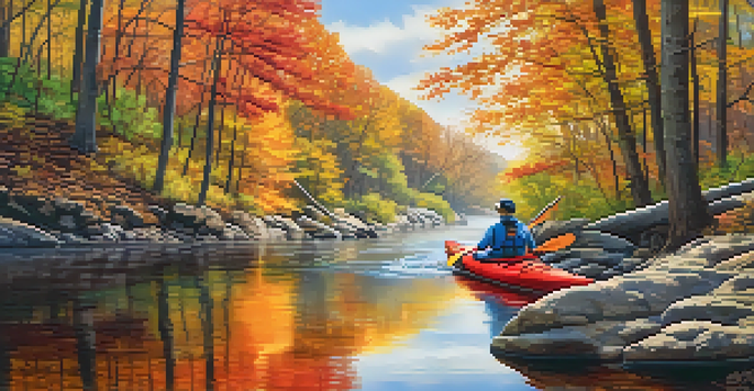 An autumn landscape in New Jersey with colorful trees and a river, where people are kayaking.