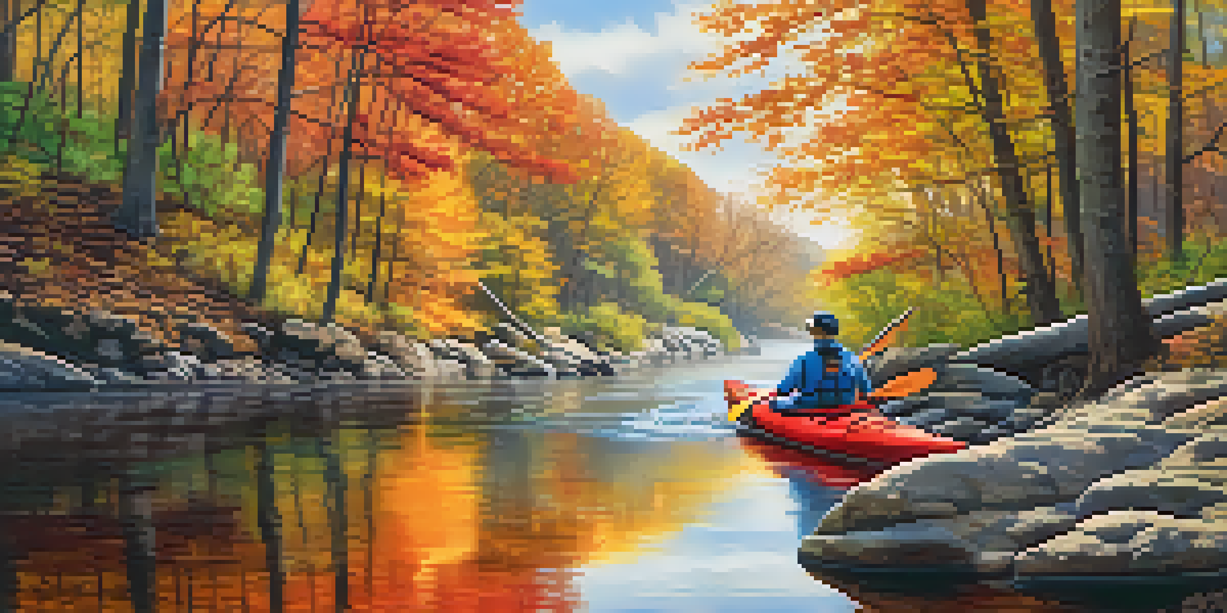 An autumn landscape in New Jersey with colorful trees and a river, where people are kayaking.