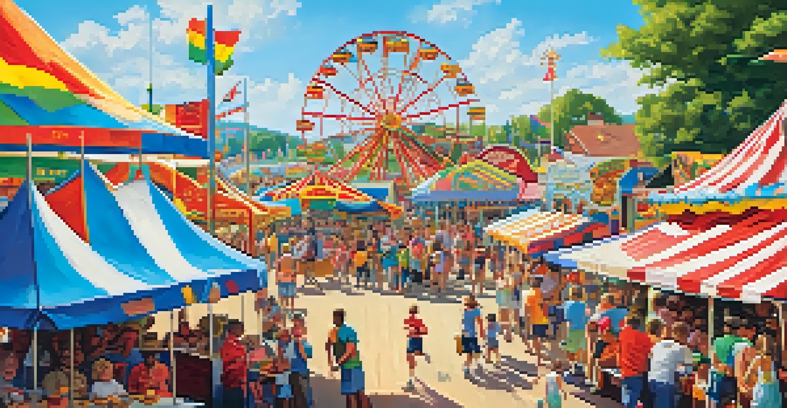 Families enjoying the New Jersey State Fair, with carnival rides, food stalls, and children playing games under a bright blue sky.