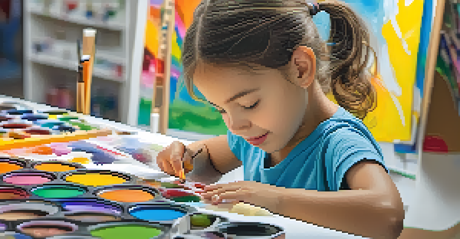 A child's hands painting on a canvas, showing concentration and joy, surrounded by art supplies in a colorful classroom.