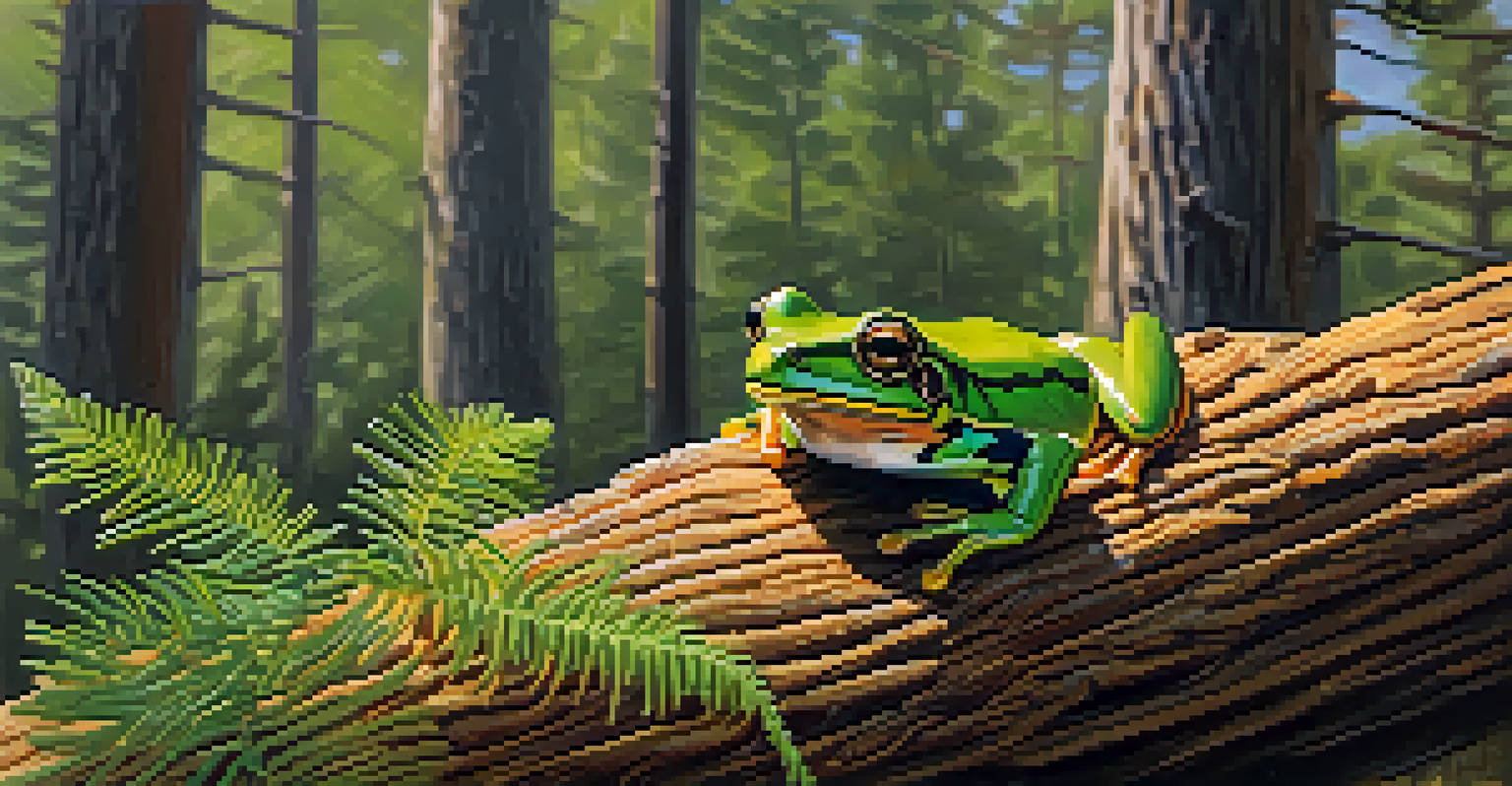 A detailed close-up of ferns and pine needles in the Pine Barrens, with a small tree frog on a branch.