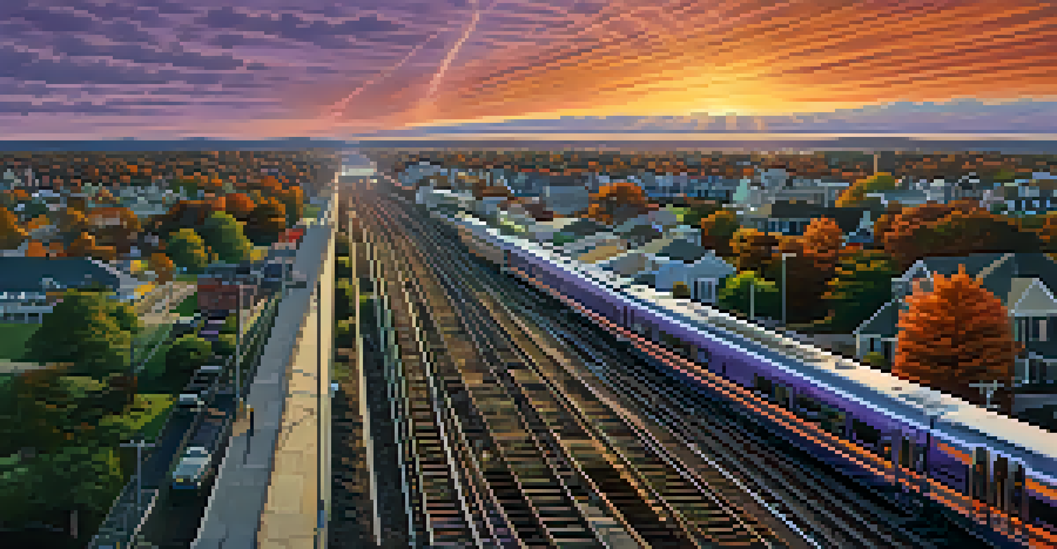 Aerial view of New Jersey's commuter rail network with tracks connecting urban and suburban areas, under a colorful sunset.