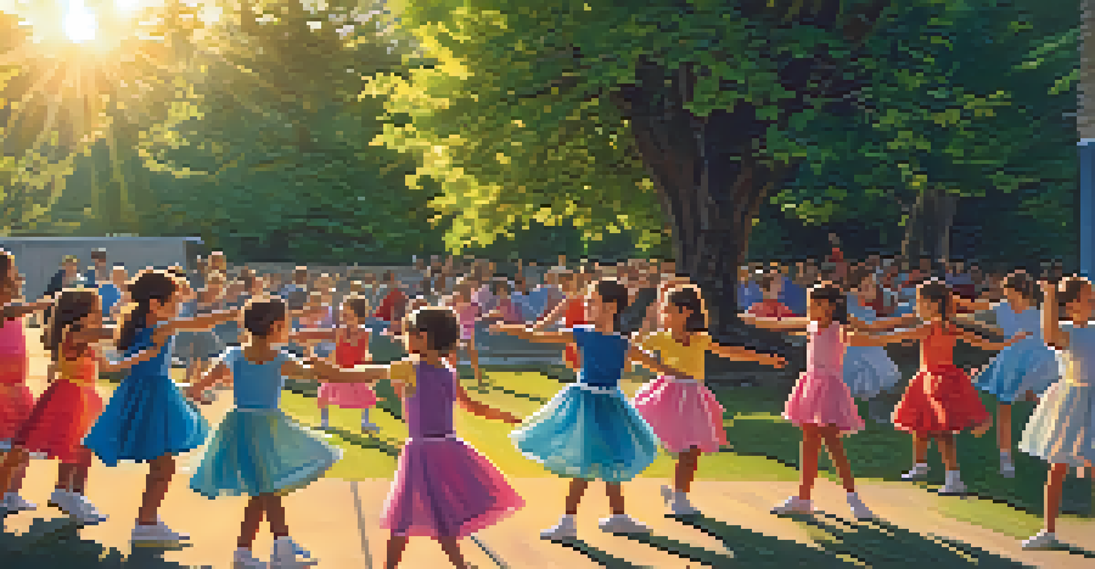 Children in bright costumes dancing in an outdoor workshop with trees and a sunset in the background, capturing energy and joy.