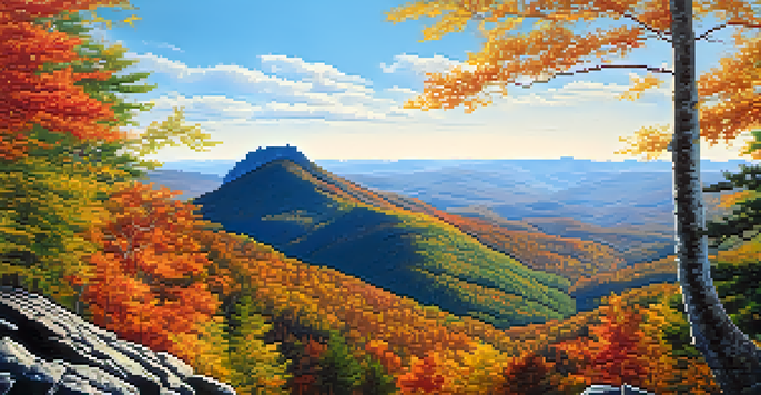 A scenic landscape of the Appalachian Mountains with colorful autumn trees and green pine trees under a clear sky.