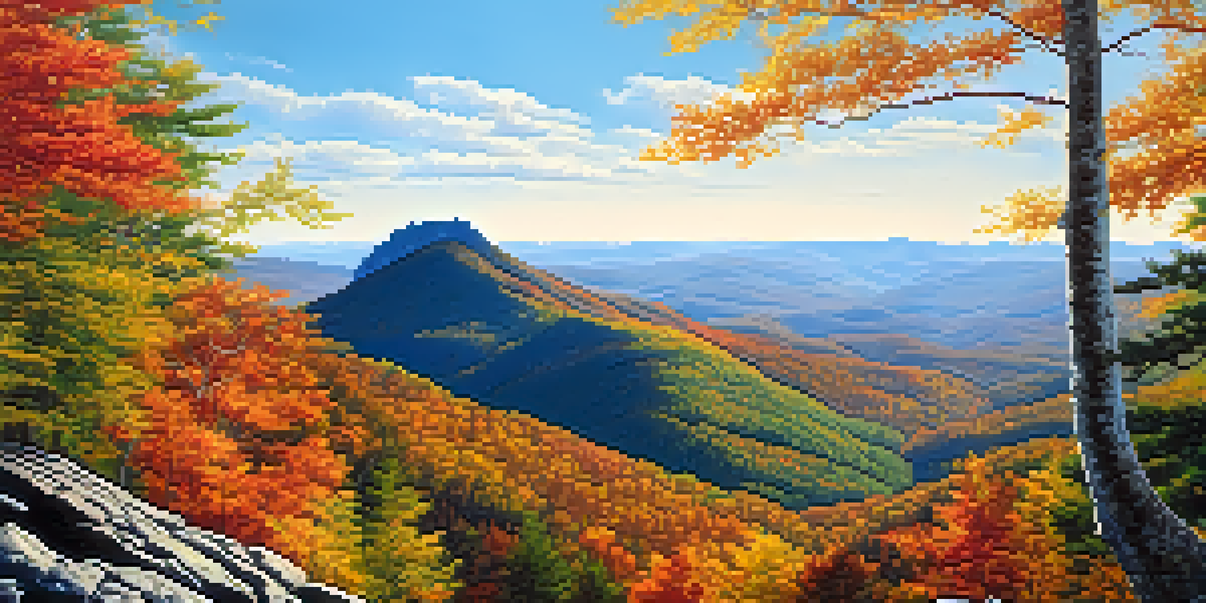 A scenic landscape of the Appalachian Mountains with colorful autumn trees and green pine trees under a clear sky.