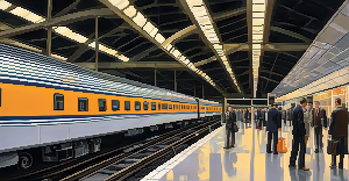 A busy NJ Transit train station filled with commuters waiting for trains, showcasing a modern and vibrant atmosphere.