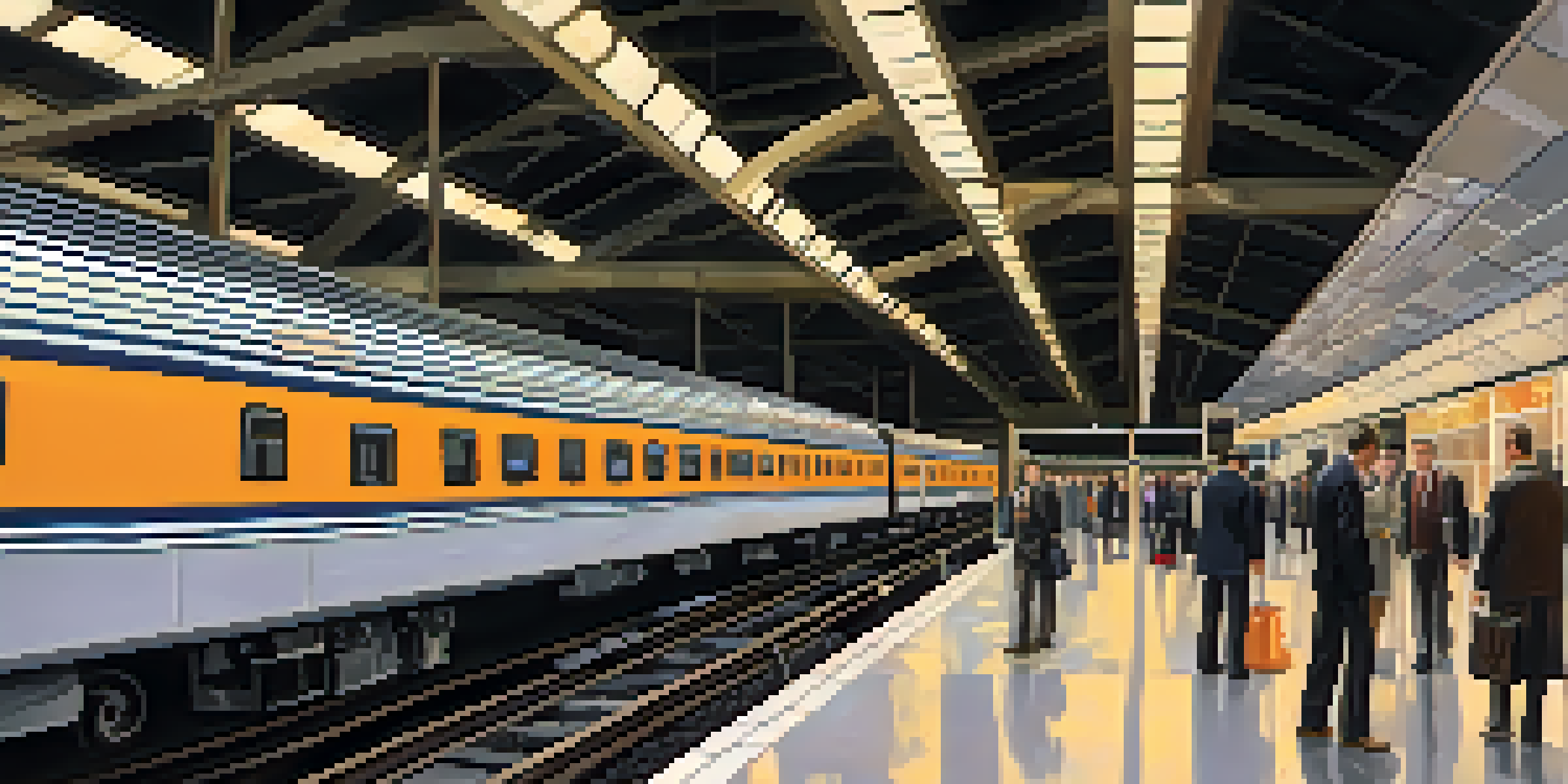 A busy NJ Transit train station filled with commuters waiting for trains, showcasing a modern and vibrant atmosphere.
