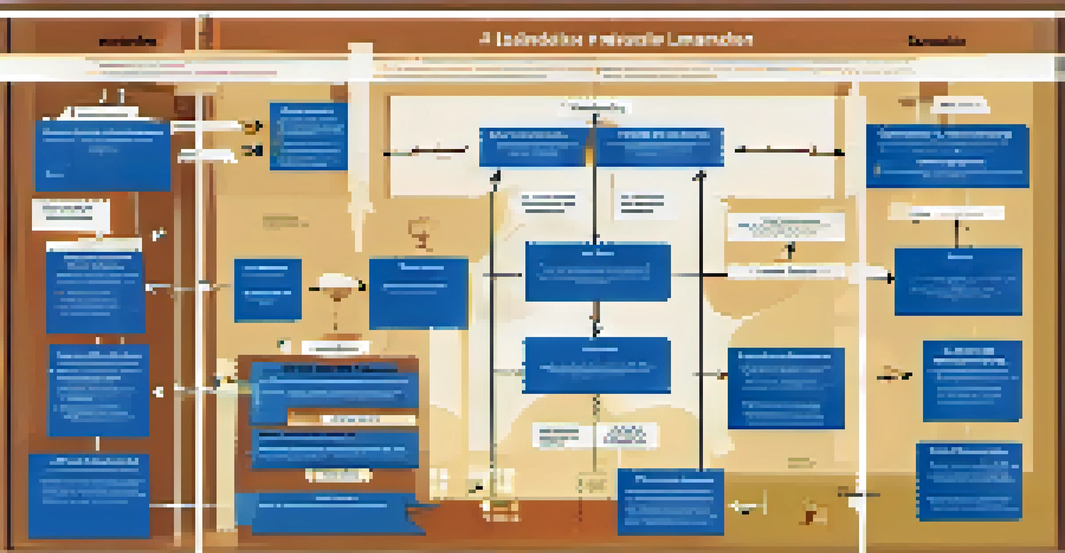 A flowchart illustrating the legislative process with colorful sections and icons, set in a legislative chamber.