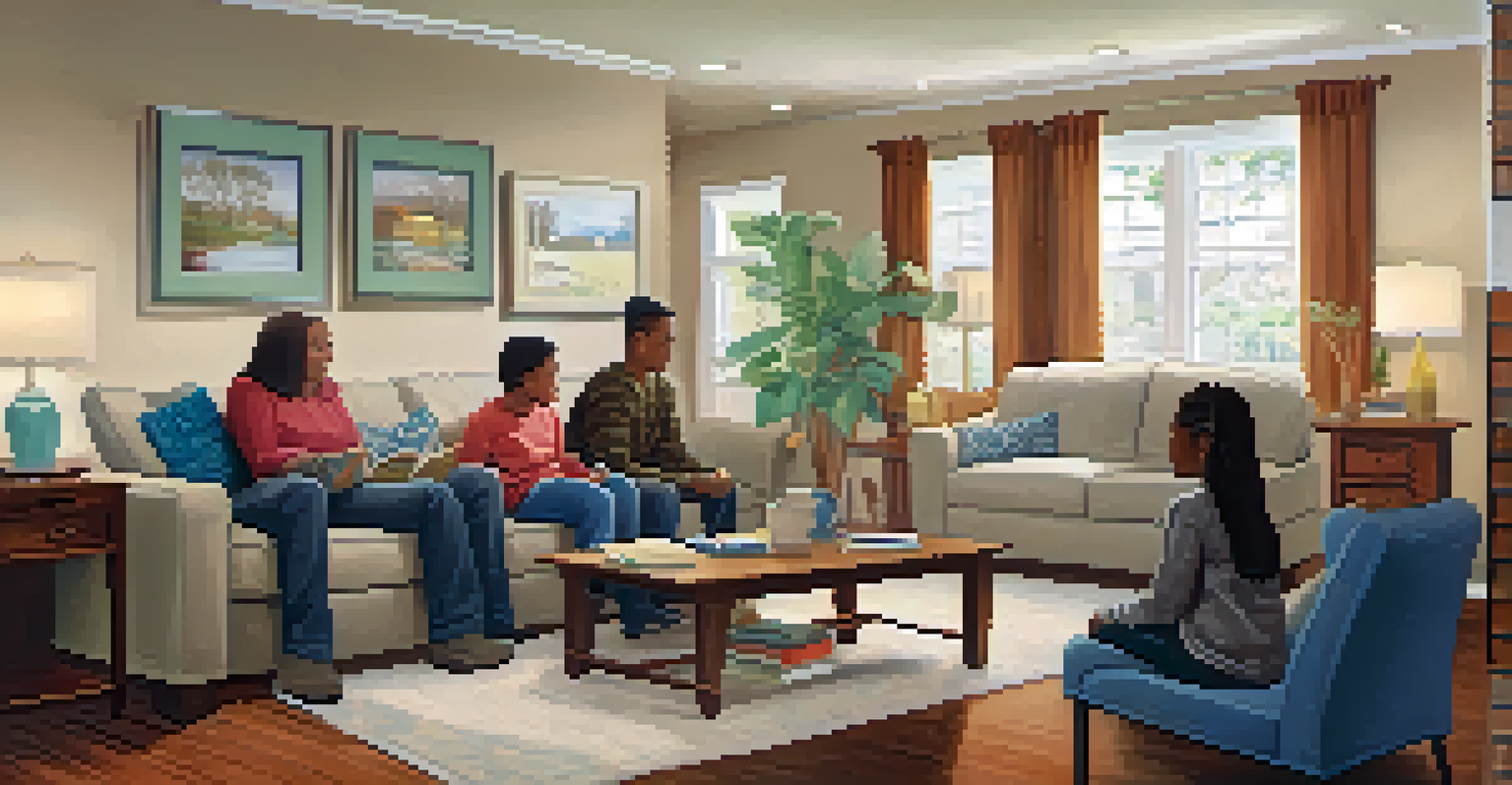 A family and educators discussing an IEP in a cozy living room, with documents on the table and a warm atmosphere.