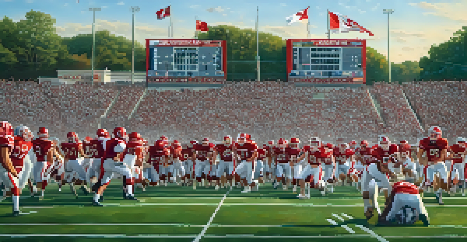 High school football players in red and white uniforms competing on a lush green field, with enthusiastic fans cheering in the stands at sunset.