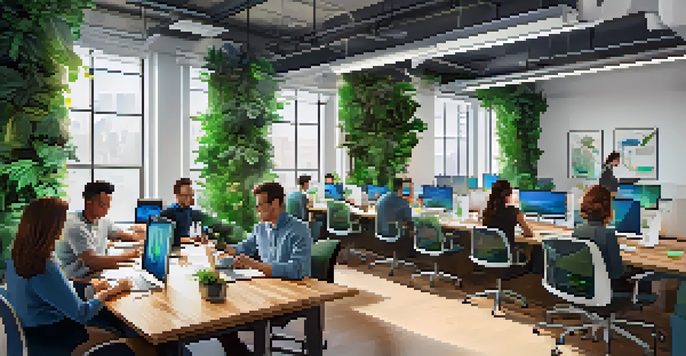 A diverse team of professionals collaborating in a modern tech startup office with greenery and natural light.