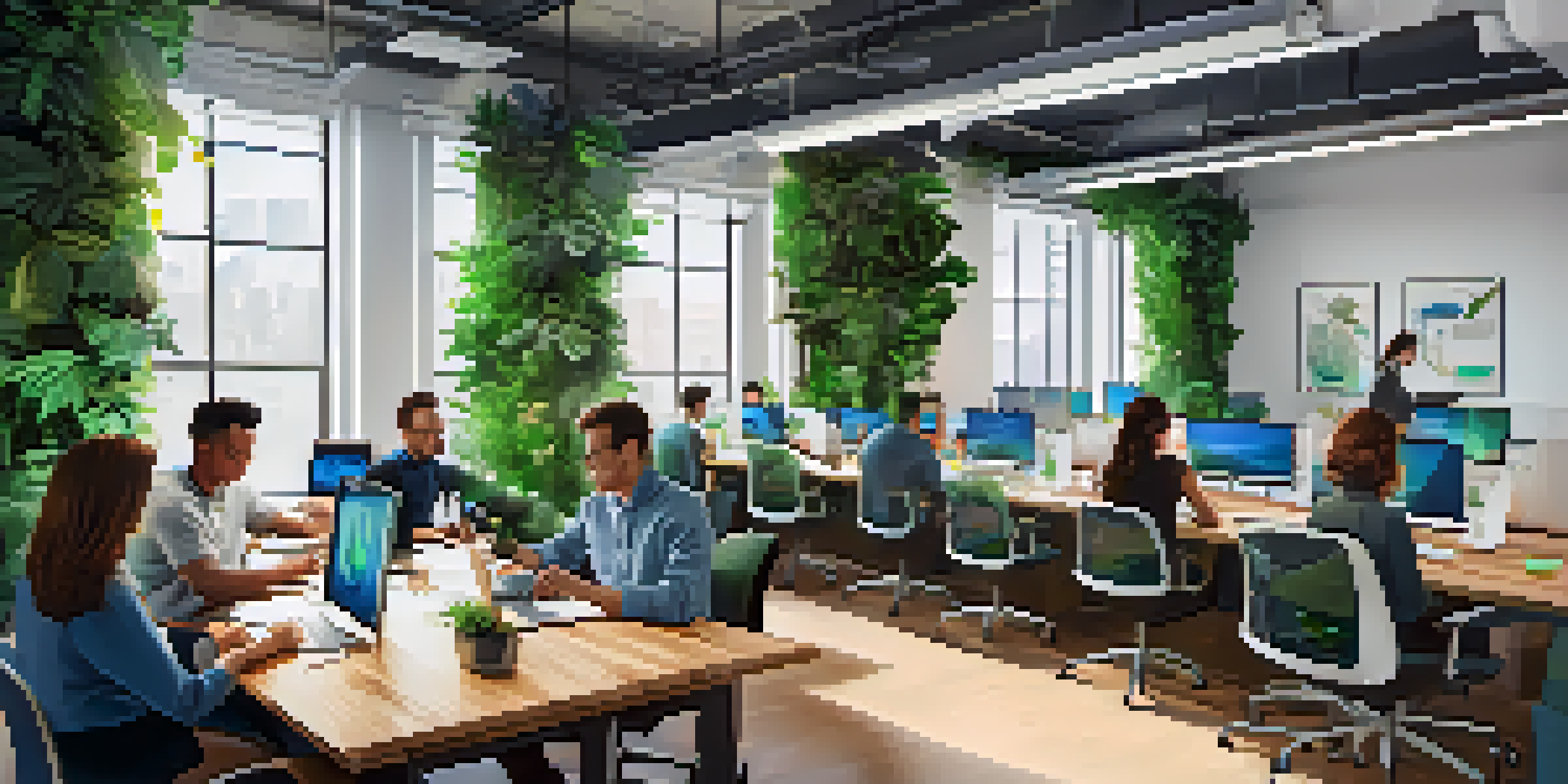 A diverse team of professionals collaborating in a modern tech startup office with greenery and natural light.