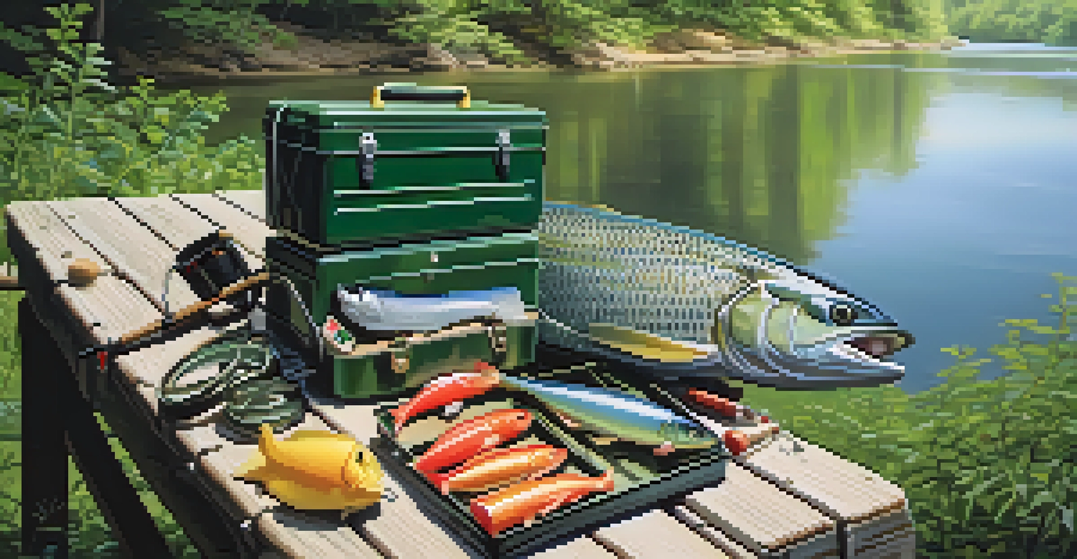 Fishing gear including a rod and tackle box on a picnic table by a river in New Jersey, with a freshly caught fish.