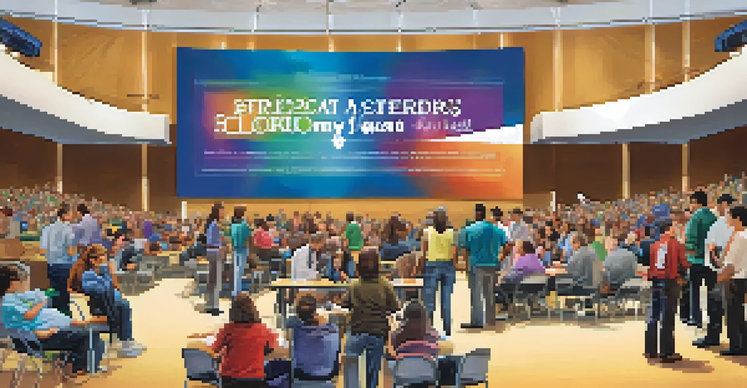 A lively community college event in an auditorium with attendees interacting with program representatives at colorful booths.