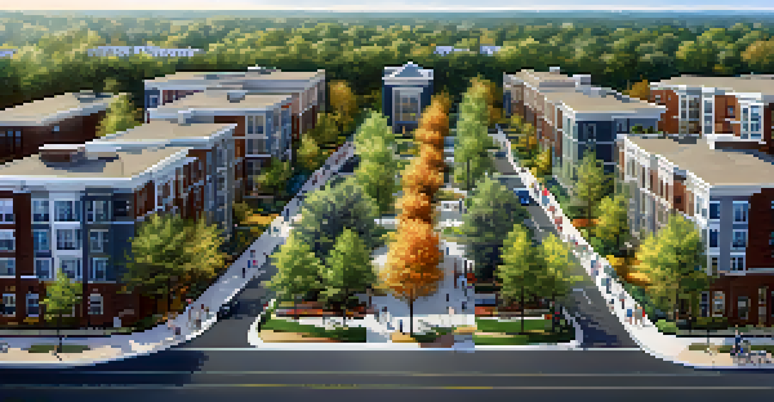 An aerial perspective of a mixed-use development in New Jersey showing residential and commercial areas with parks and people.